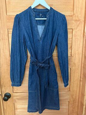 Boden Tie Waist Soft Denim Dark Wash Long Sleeve Cotton Dress Women's size 8R
